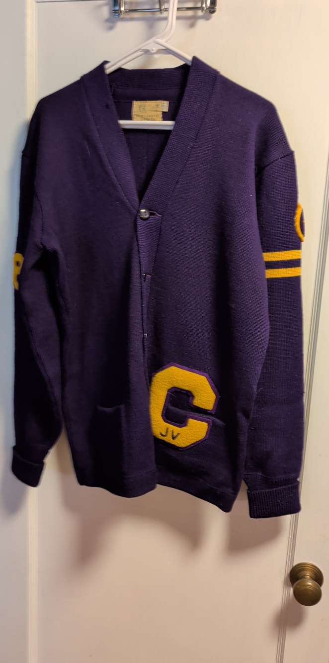 Men's Navy Purple Varsity Cardigan with Yellow Lettering